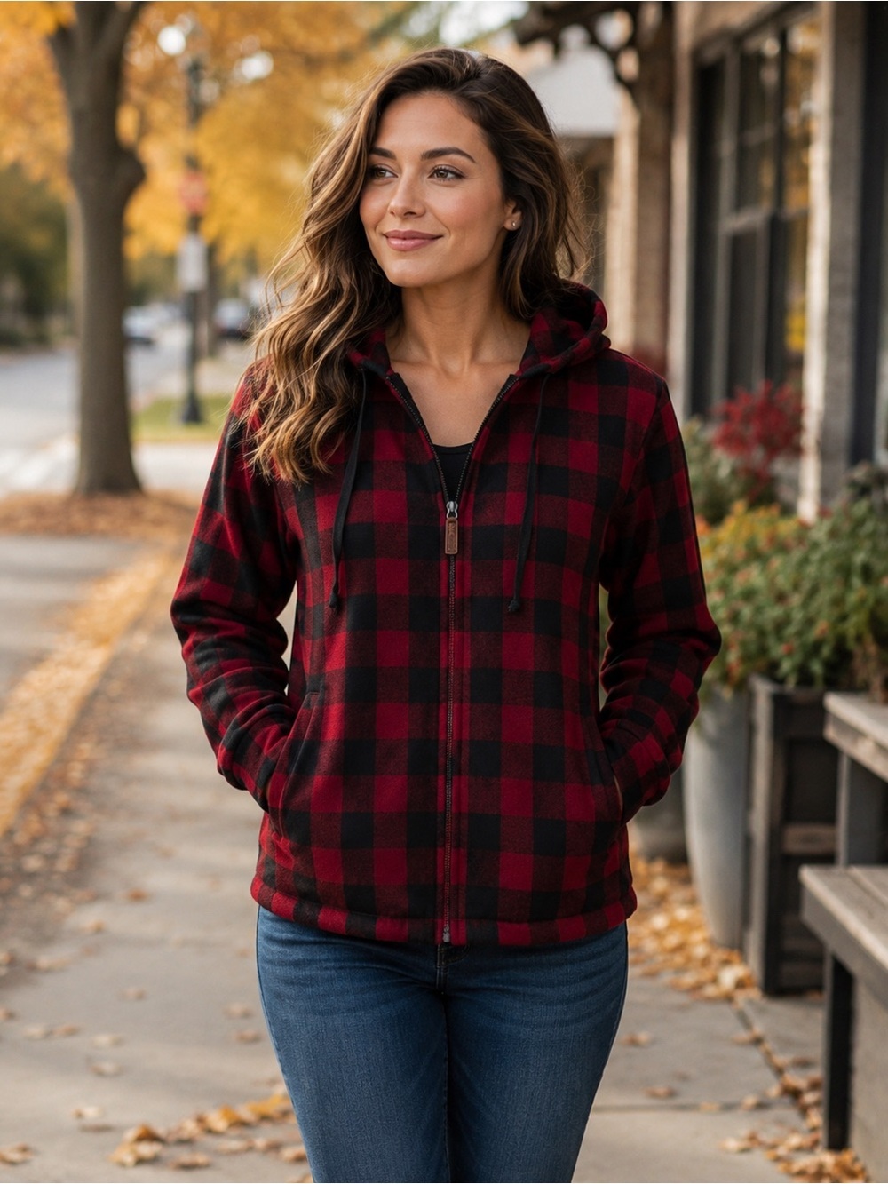 L.L. Bean Women's Red Buffalo Plaid Hooded Zip Shacket Jacket Size M